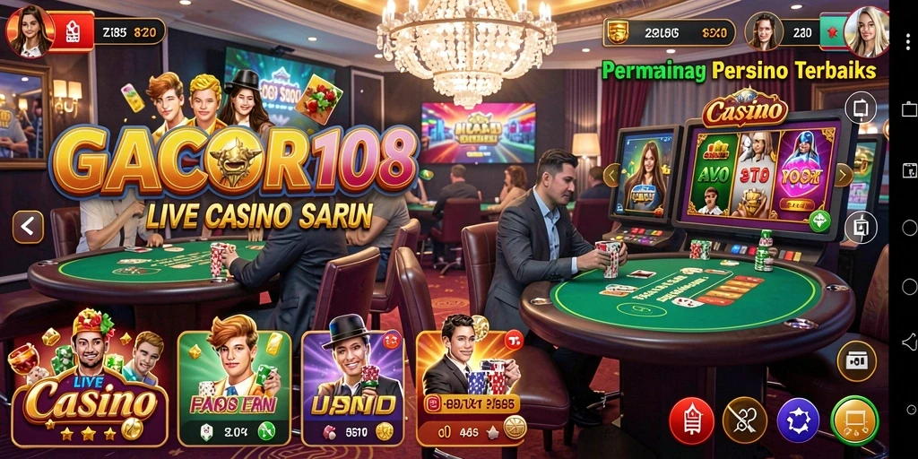 Screenshot gameplay GACOR108 menampilkan dealer langsung dan suasana kasino yang menarik.
