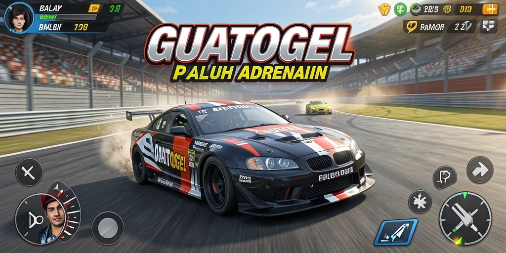 Tampilan gameplay GUATOGEL dengan mobil balap yang sedang melaju di trek.