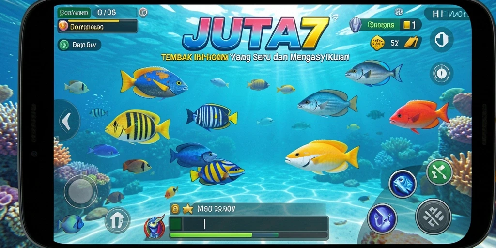 Screenshot gameplay JUTA7 yang memukau dengan ikan berwarna-warni.