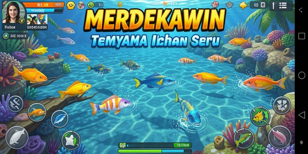 Tampilan screenshot MERDEKAWIN menampilkan aksi menembak ikan yang seru.