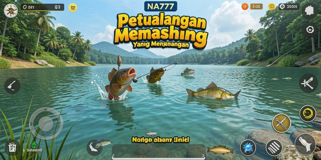 Screenshot menunjukkan gameplay memancing yang seru dan realistis.