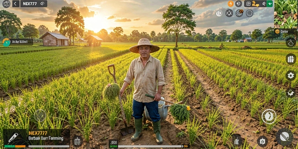 Tampilan gameplay NEX777 yang menawan dengan aktivitas bertani.
