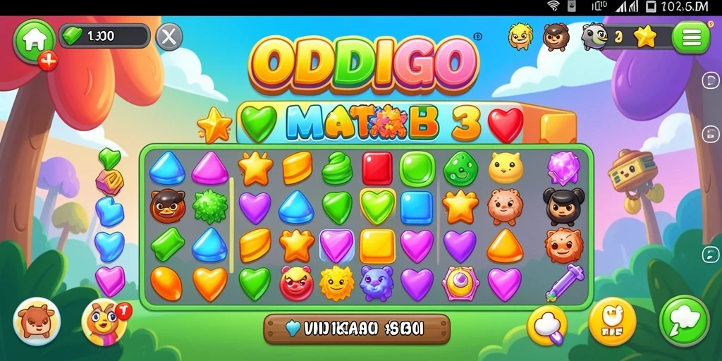 Screenshot ODDIGO menampilkan gameplay Match-3 yang menarik dan berwarna.