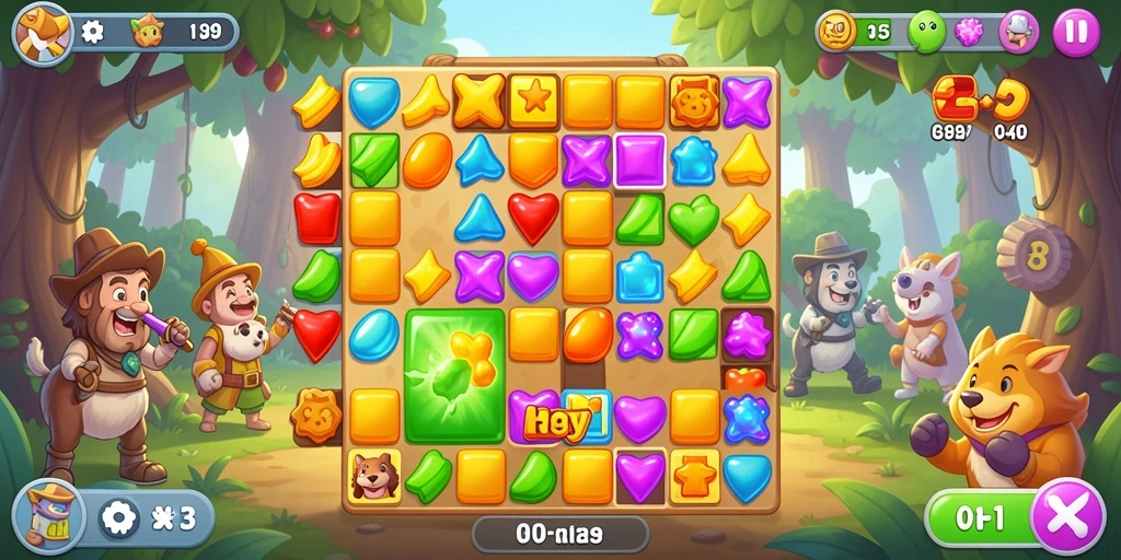 Screenshot gameplay RR89 menampilkan level Match-3 yang menarik.