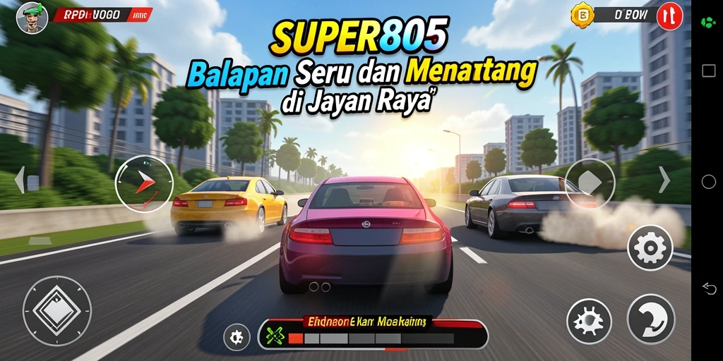 Screenshot utama SUPER805 menampilkan aksi balapan yang mendebarkan di trek yang menantang.